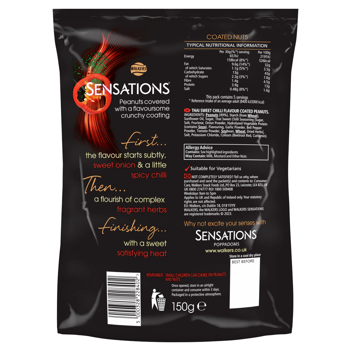 Walkers Sensations Thai Sweet Chilli Coated Sharing Peanuts 150g