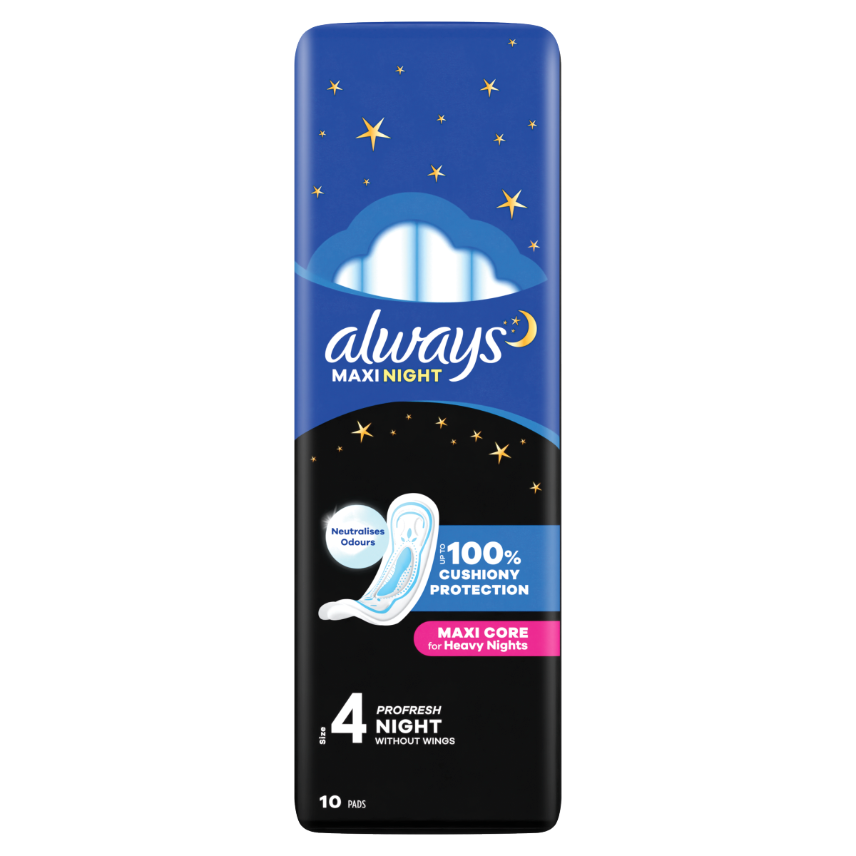 Always Maxi Profresh Night Sanitary Towels (Size 4) 10 Pads, Menstrual Pads For Heavy Flow
