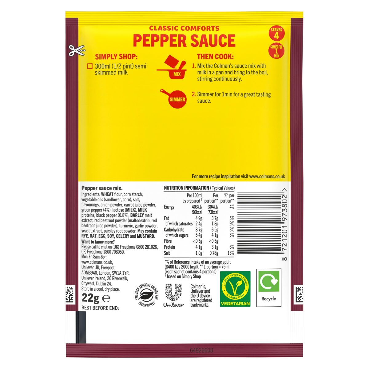 Colman’s Classic Comforts Sauce Mix Pepper Sauce 22 g