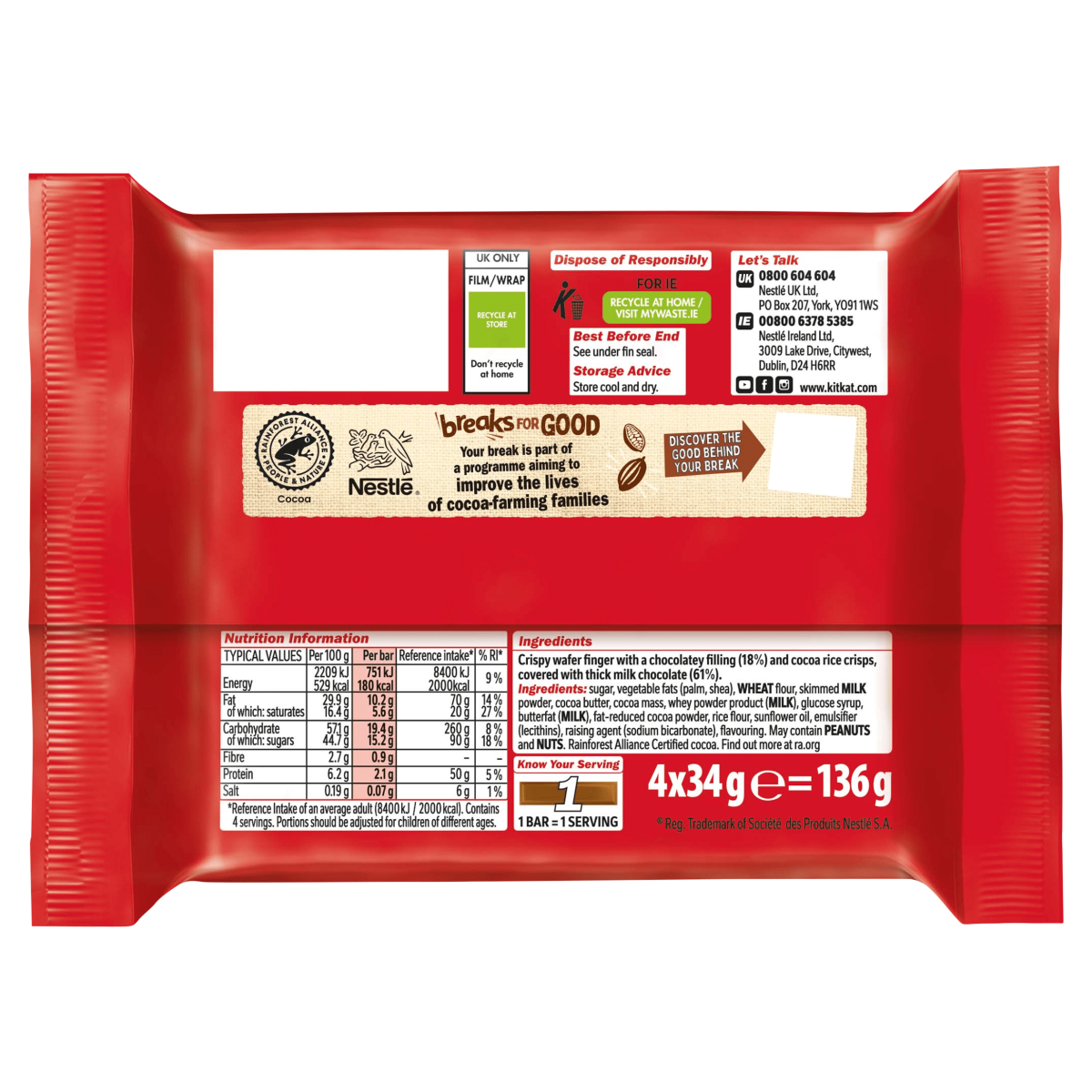 KitKat Chunky Crunchy Double Choc Bars 4 x 34g (136g)